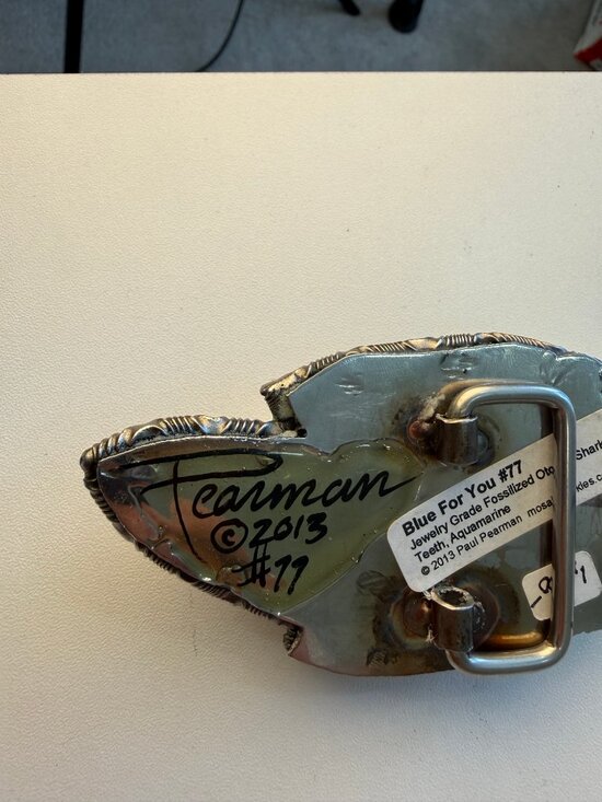 Rare Paul Pearman sigend Megalodon shark tooth & aquamarine Gem belt buckle main image 11